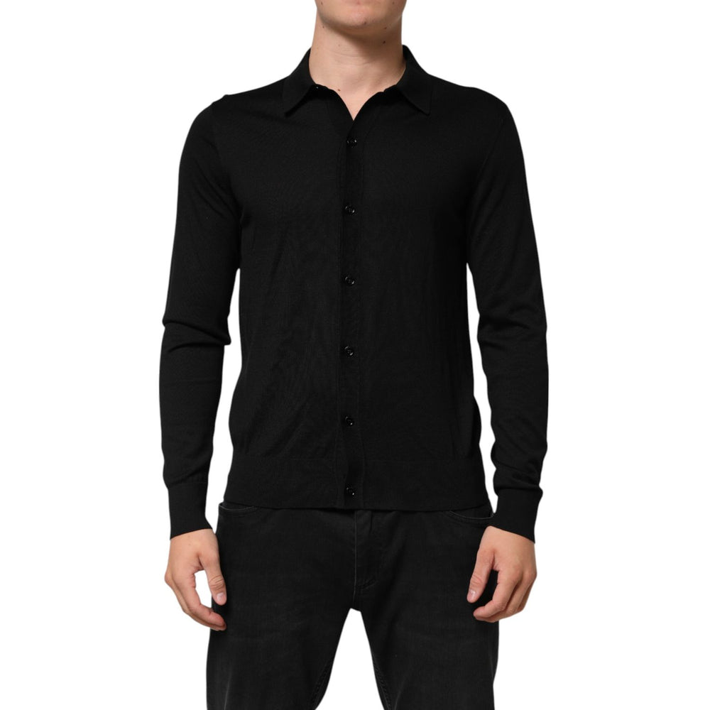 Dolce & Gabbana Black Silk Button Up Lightweight Sweater on model.