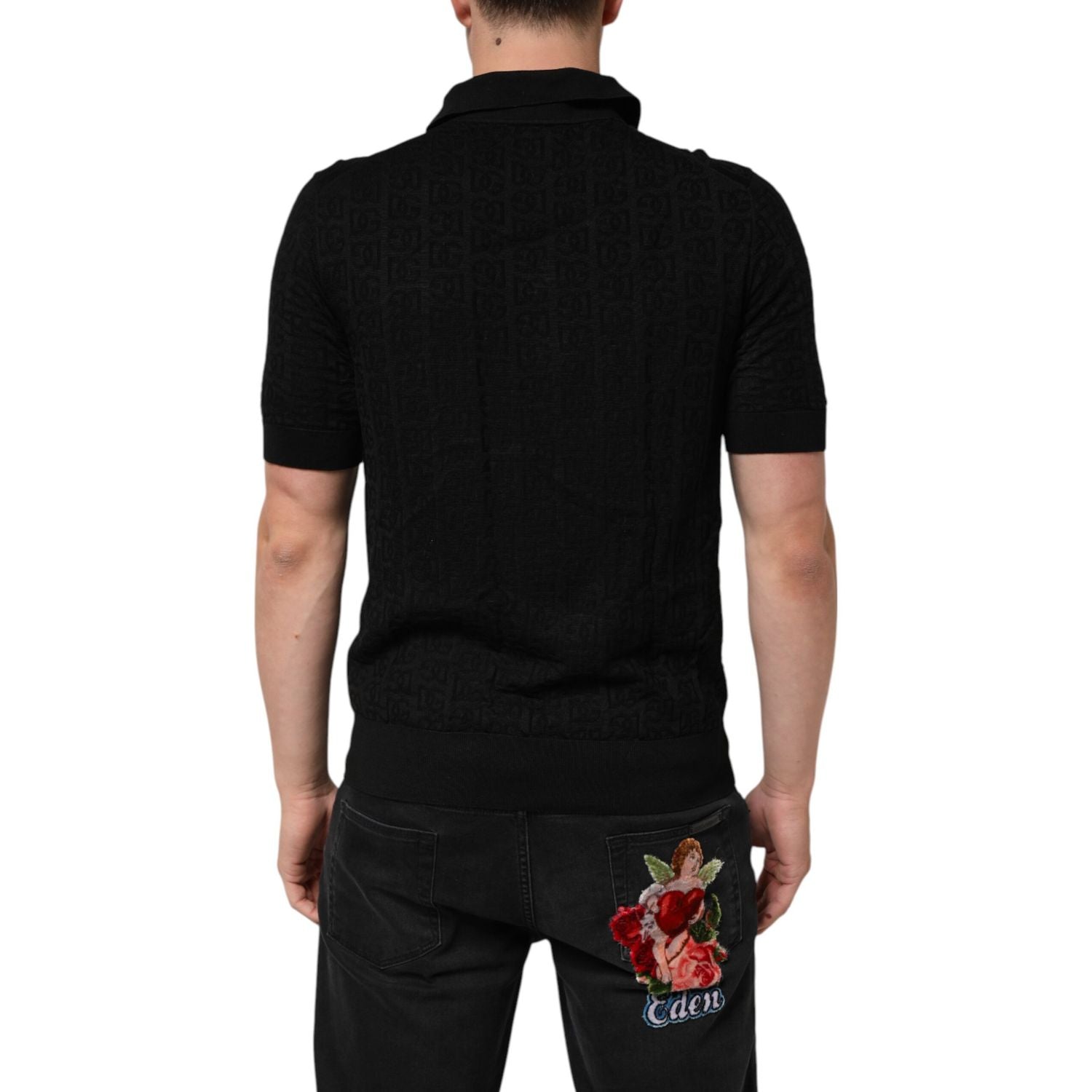 Dolce & Gabbana Black Silk Jacquard DG Polo Shirt T-shirt