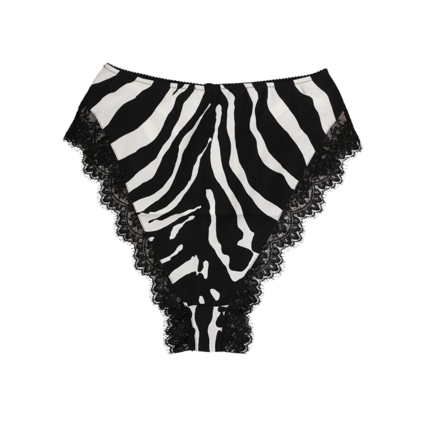 Dolce & Gabbana Black Silk Zebra Print Lace High Waist Underwear with lace detailing and zebra patterns, luxurious and elegant design.