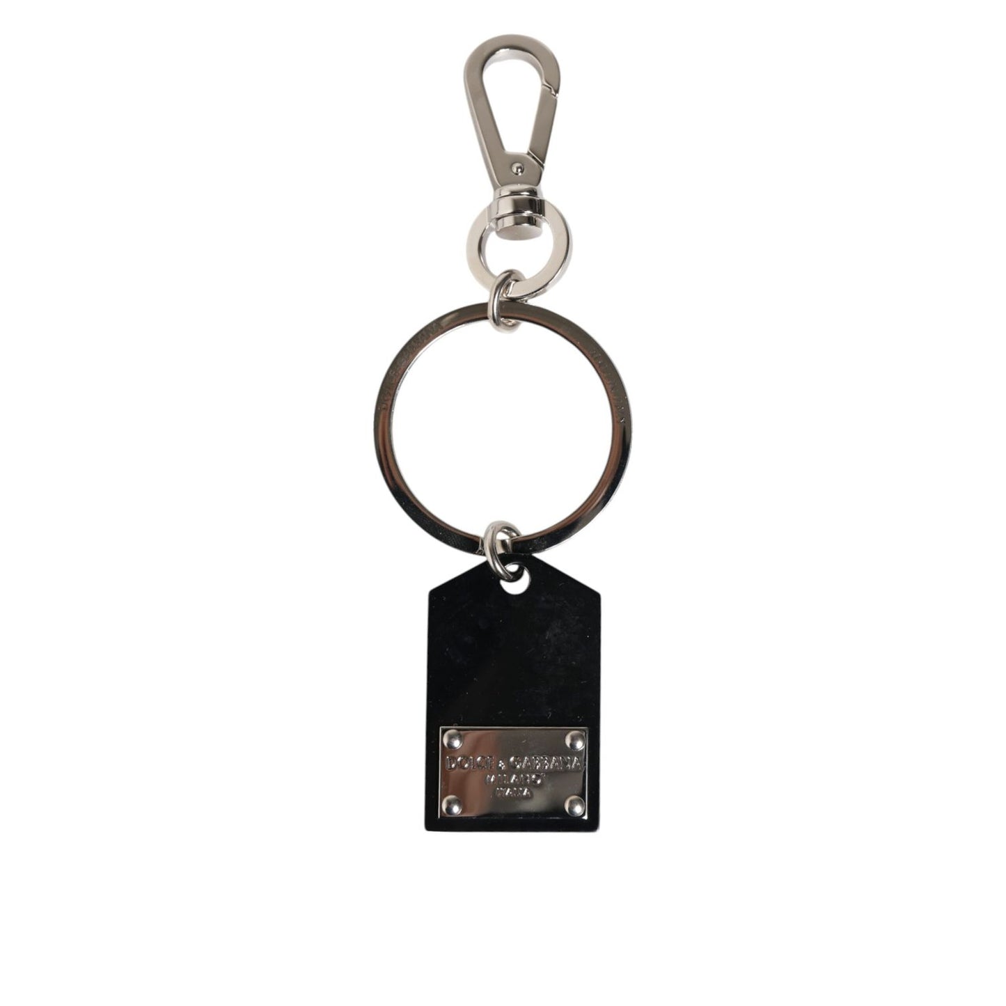 Dolce & Gabbana Black Sint Glass Plaque DG Logo Metal PlateKeychain Keyring with sleek design and luxury accents.
