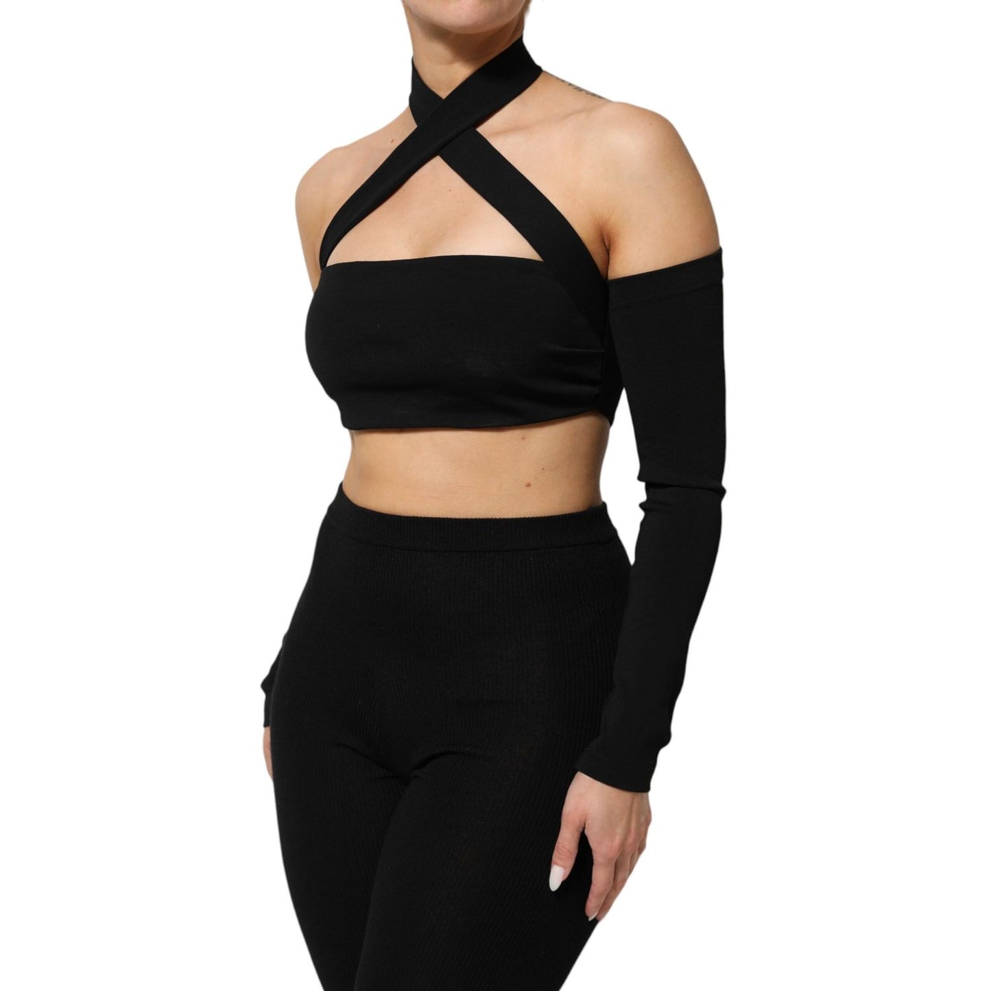Dolce & Gabbana Black Viscose Halter Off Shoulder Cropped Top