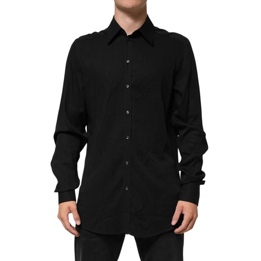 Dolce & Gabbana Black Viscose Long Sleeve Formal Dress Shirt, featuring button closure and classic collar.