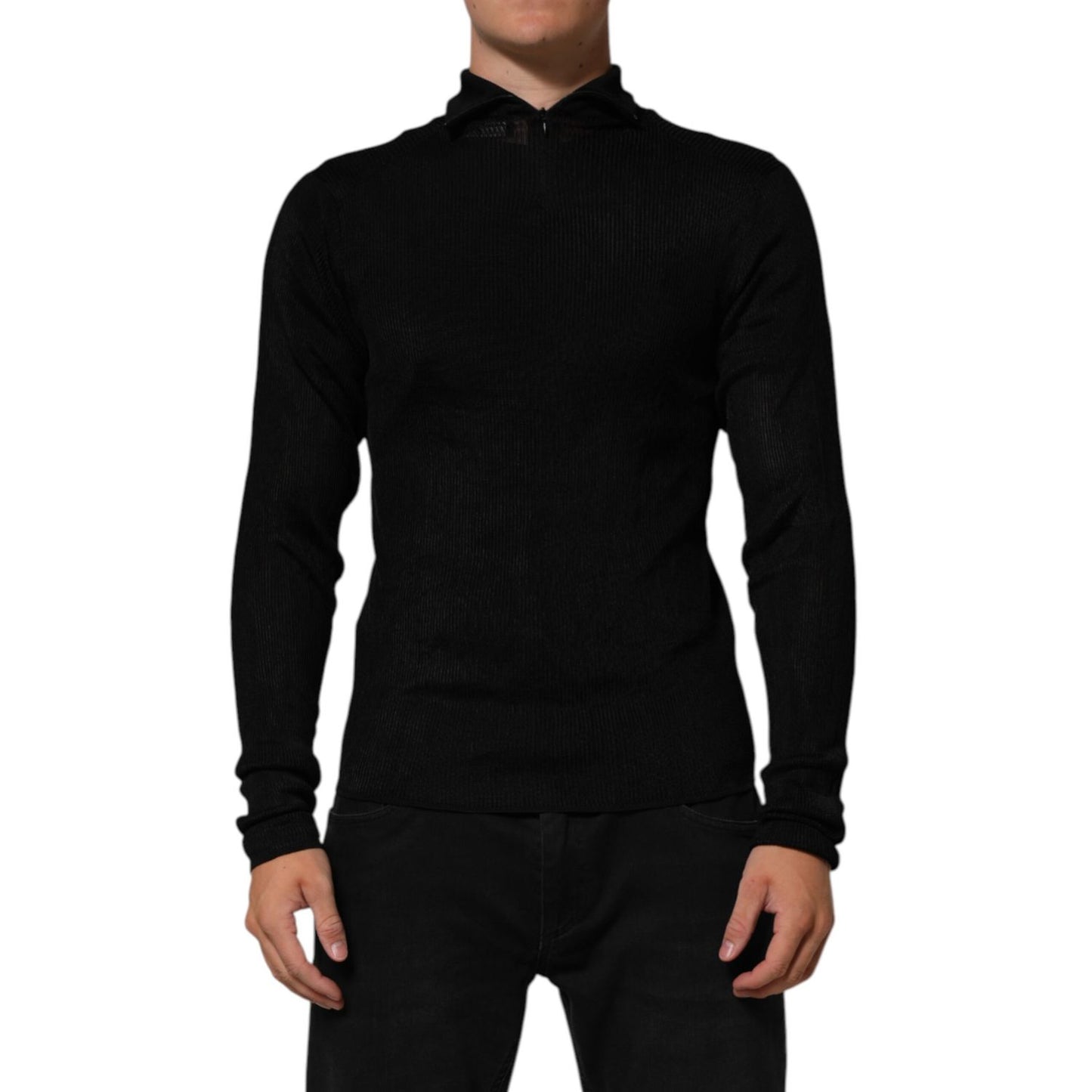 Dolce & Gabbana Black Viscose Turtle Neck Pullover Sweater with half zipper, modeled standing alone, emphasizing elegance and luxury.