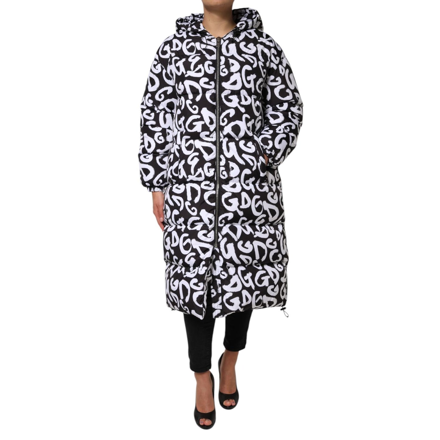 Dolce & Gabbana Black White DG Mania Hooded Long Coat Jacket