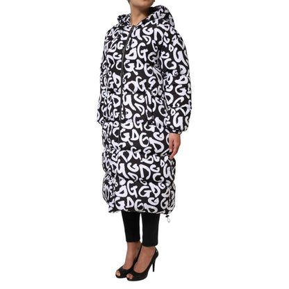 Dolce & Gabbana Black White DG Mania Hooded Long Coat Jacket