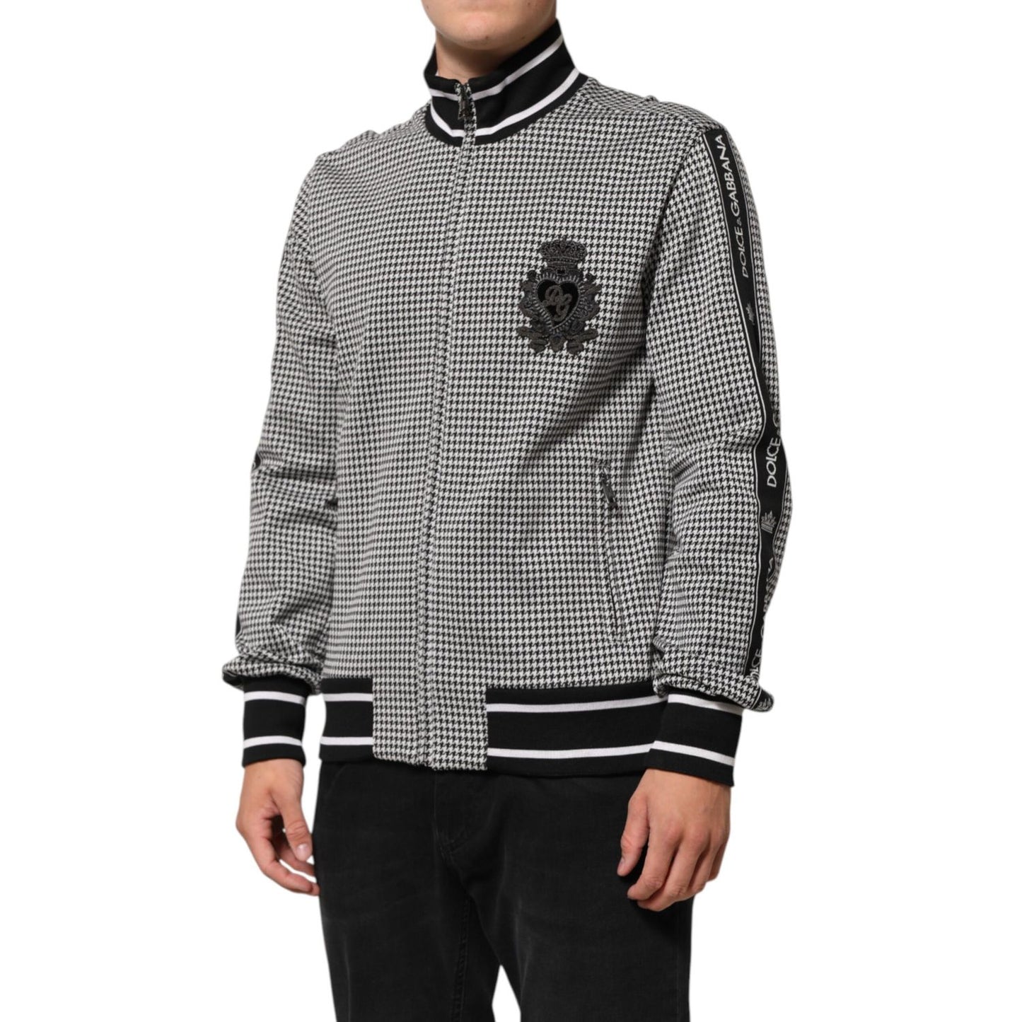 Dolce & Gabbana Black White Houndstooth Wool Crest Jacket Sweater for a modern slim fit with notched lapels and sharp silhouette.