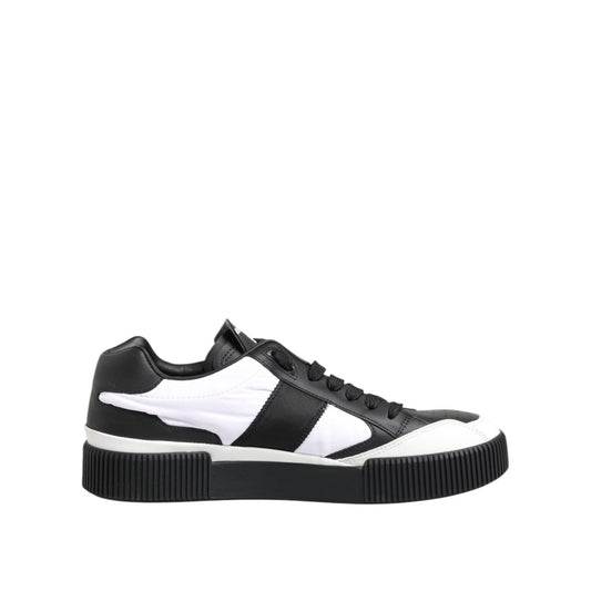 Dolce & Gabbana Black White Leather MIAMI Low Top Sneakers Shoes in classic urban style, side view.