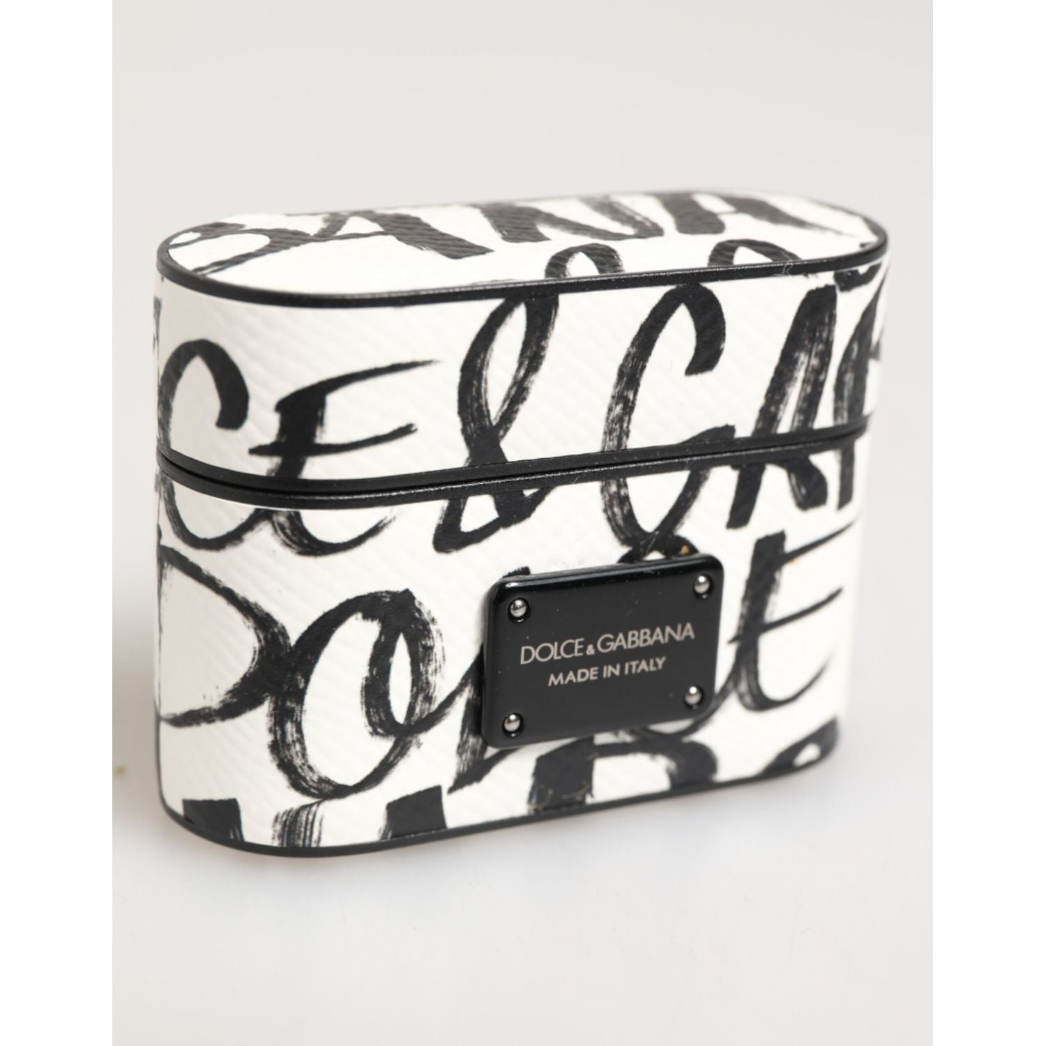 Dolce & Gabbana Black White Leather Monogram Print Logo Holder Airpods Case