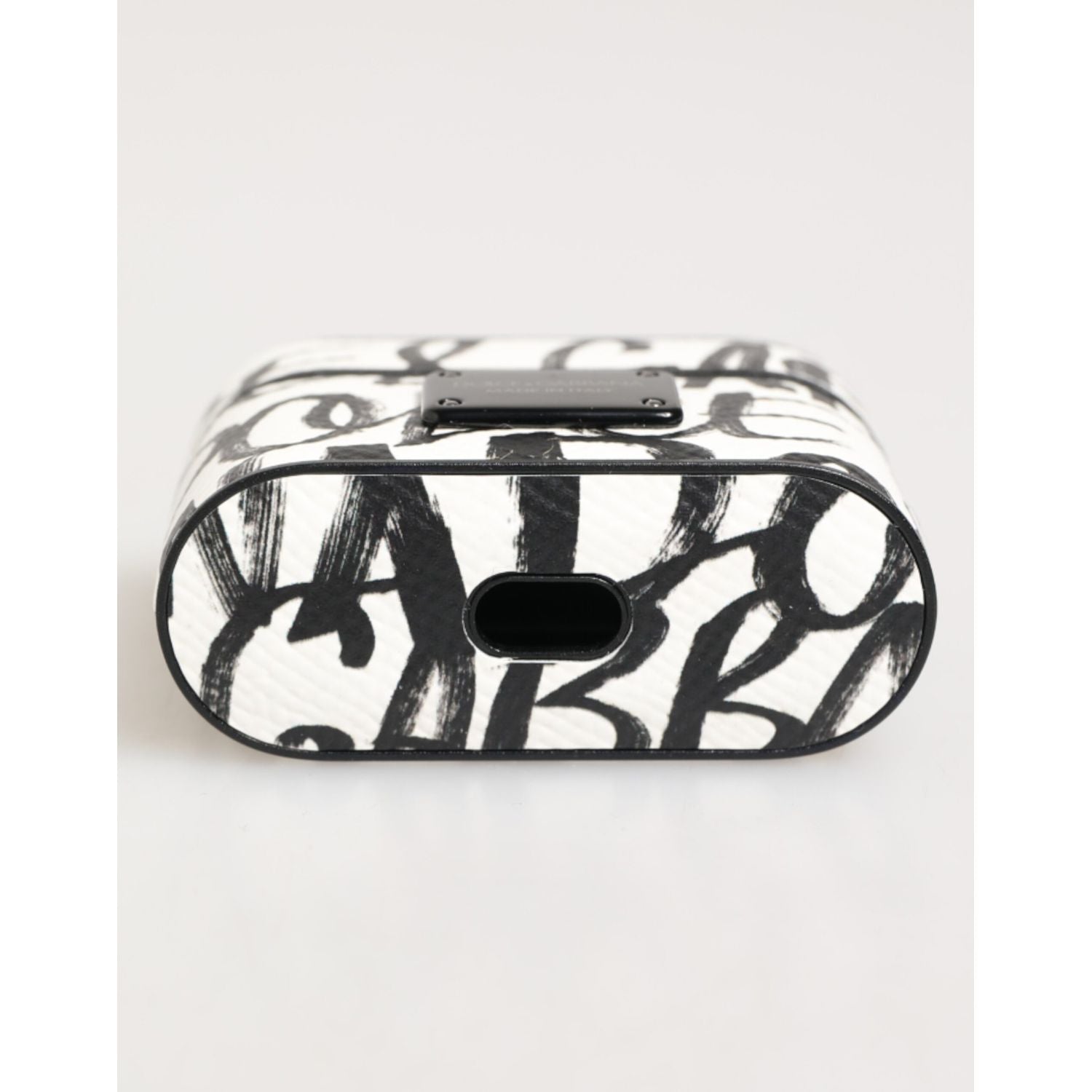 Dolce & Gabbana Black White Leather Monogram Print Logo Holder Airpods Case