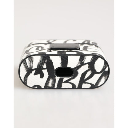 Dolce & Gabbana Black White Leather Monogram Print Logo Holder Airpods Case