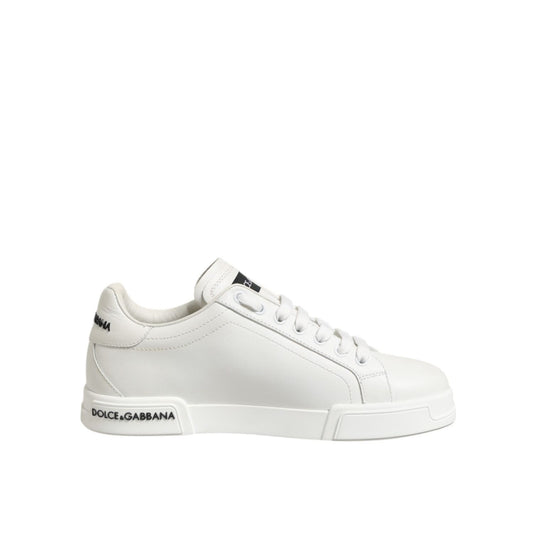 Dolce & Gabbana Black White Leather Portofino Sneaker Shoes with logo, white calf leather, rubber sole, lace-up