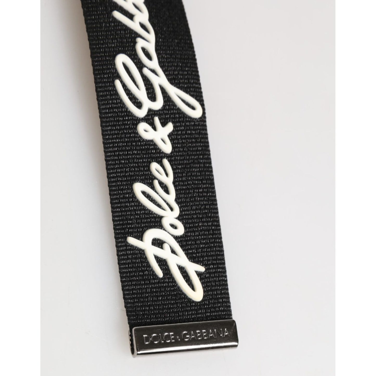 Dolce & Gabbana Black White Polyester DG Logo Silver Men Keychain Keyring with logo print on strap.