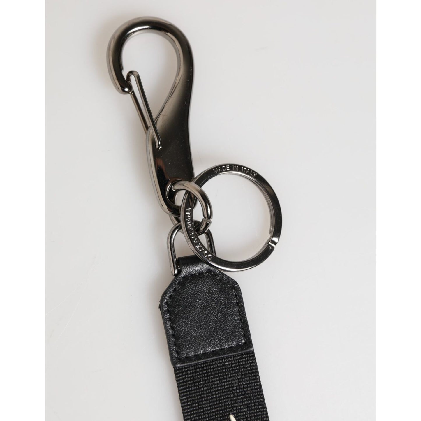 Dolce & Gabbana Black White Polyester DG Logo Silver Men Keychain Keyring with metal clasp and logo engraving.