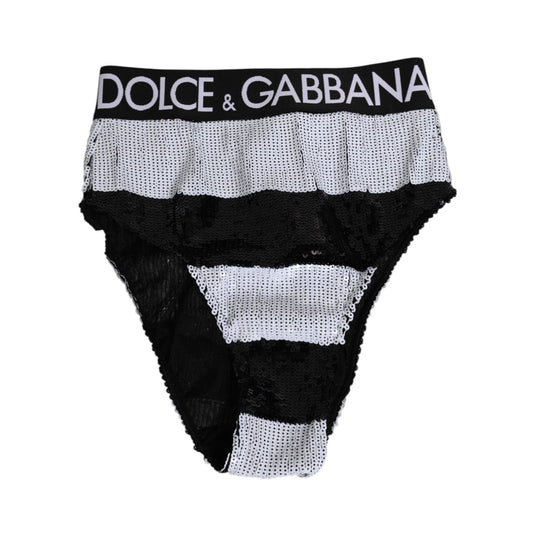 Dolce & Gabbana Black White Sequin High Waist Panty Underwear with logo, made in Italy, showcasing bold, elegant design.