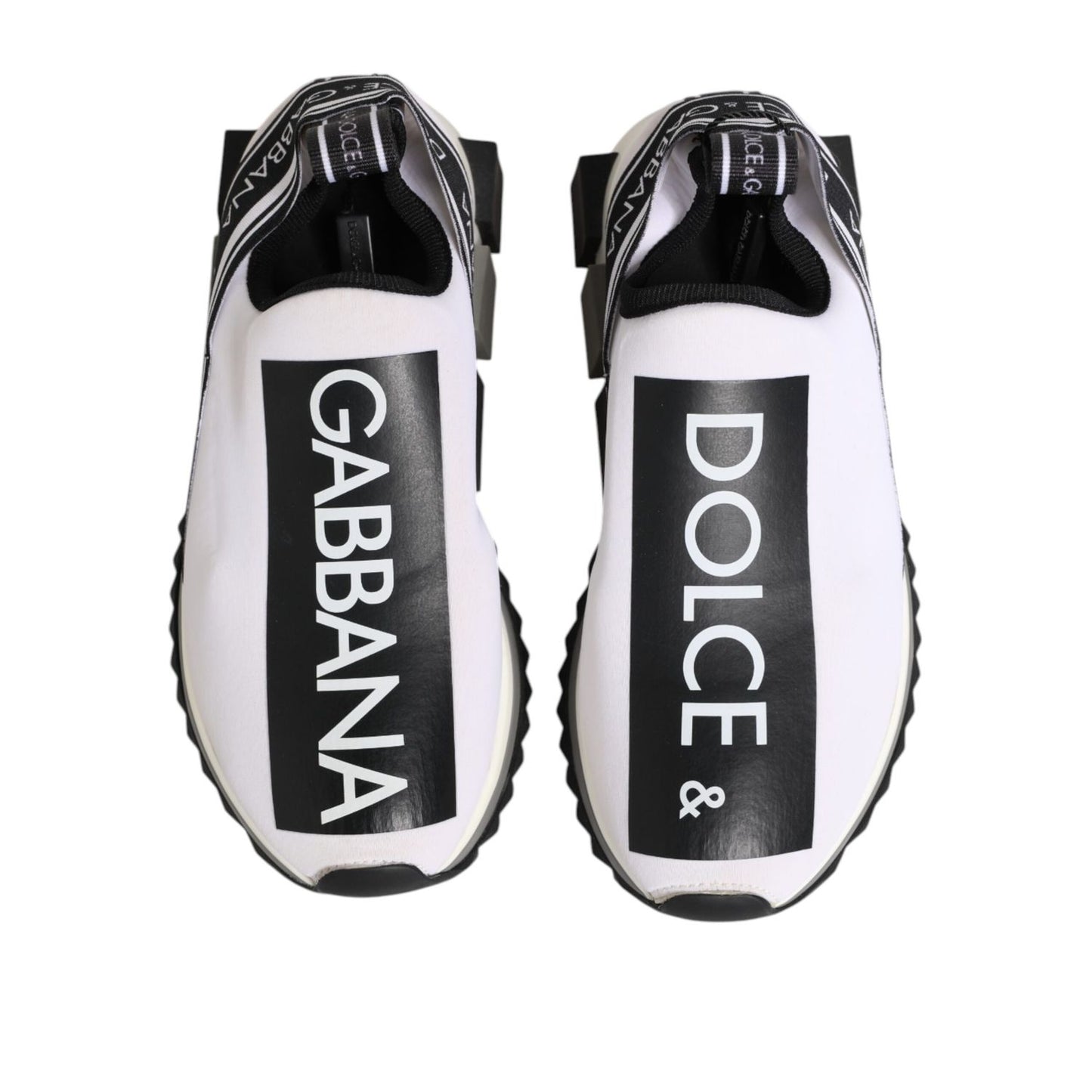Dolce & Gabbana Black White Slip On Sorrento Sneakers Shoes with logo detailing, stylish luxury footwear, made in Italy, rubber sole.