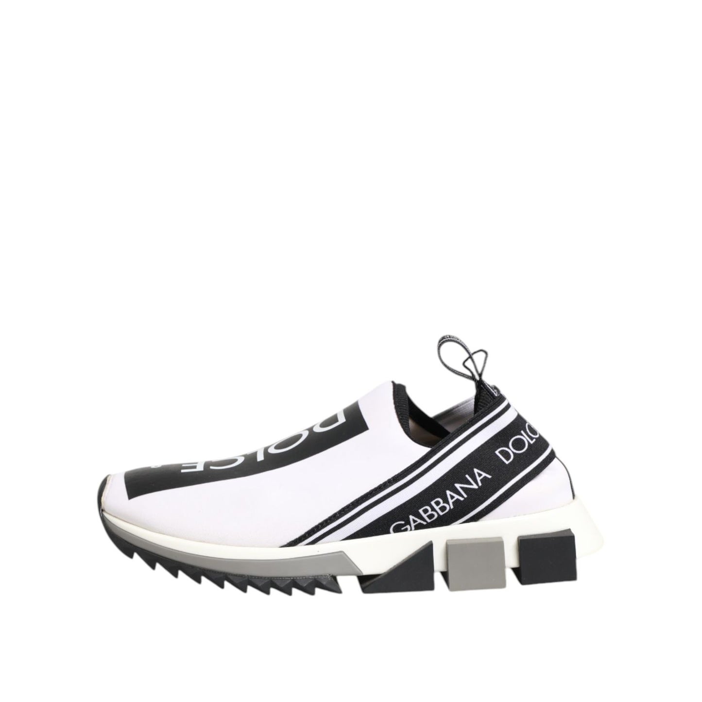 Dolce & Gabbana Black White Slip On Sorrento Sneakers Shoes with logo details, black and white color, and rubber sole.