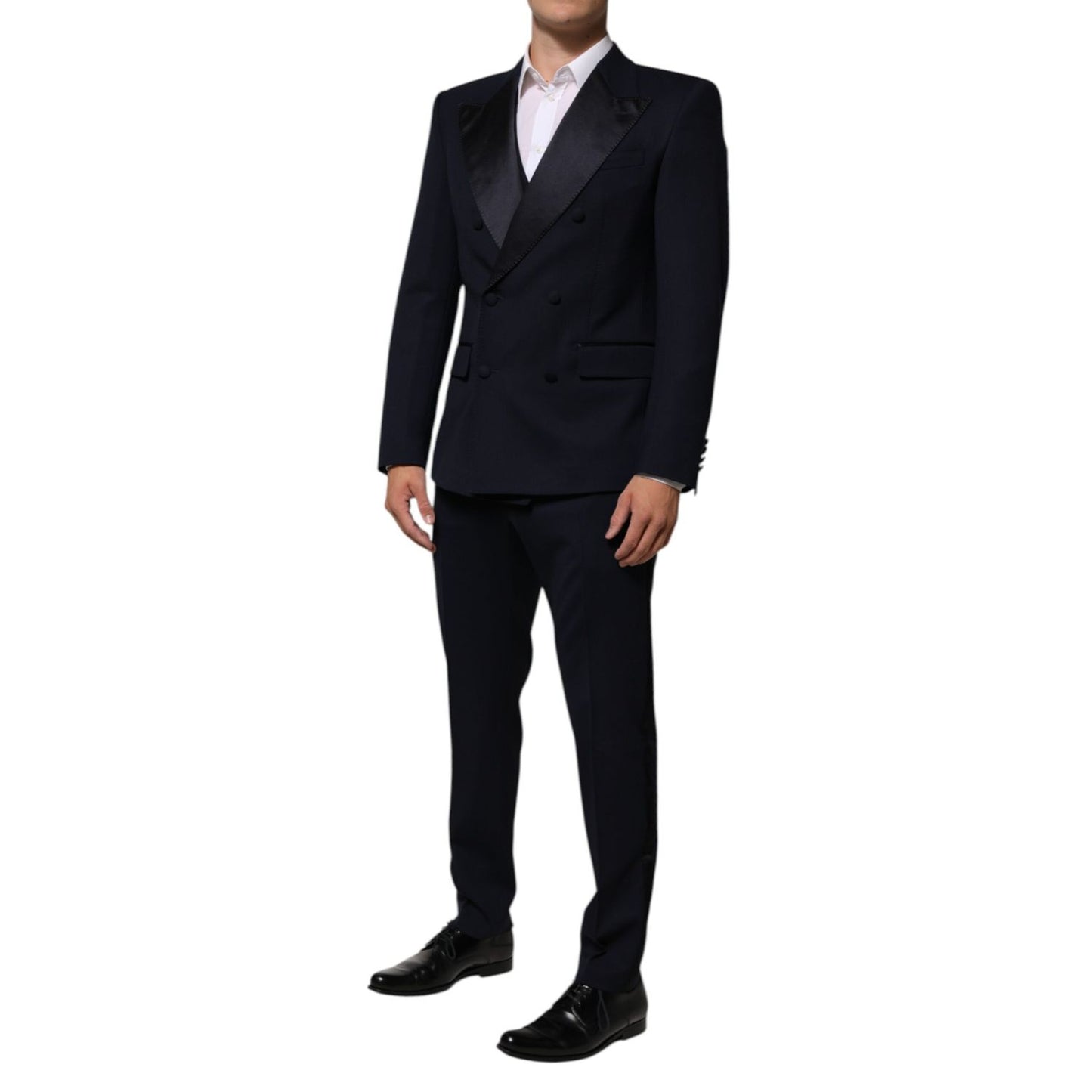 Dolce & Gabbana Black Wool 3 Piece Slim Fit Formal Men Suit with satin details, featuring jacket, vest, and trousers for formal occasions.