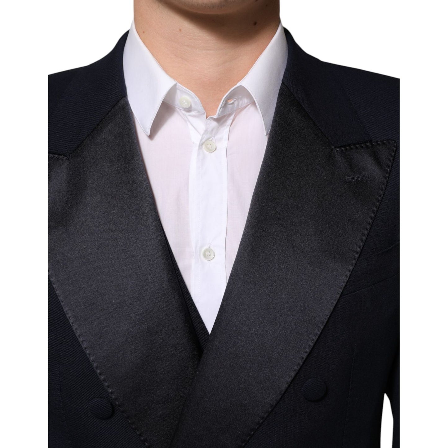 Dolce & Gabbana Black Wool 3 Piece Slim Fit Formal Men Suit satin lapel detail close-up