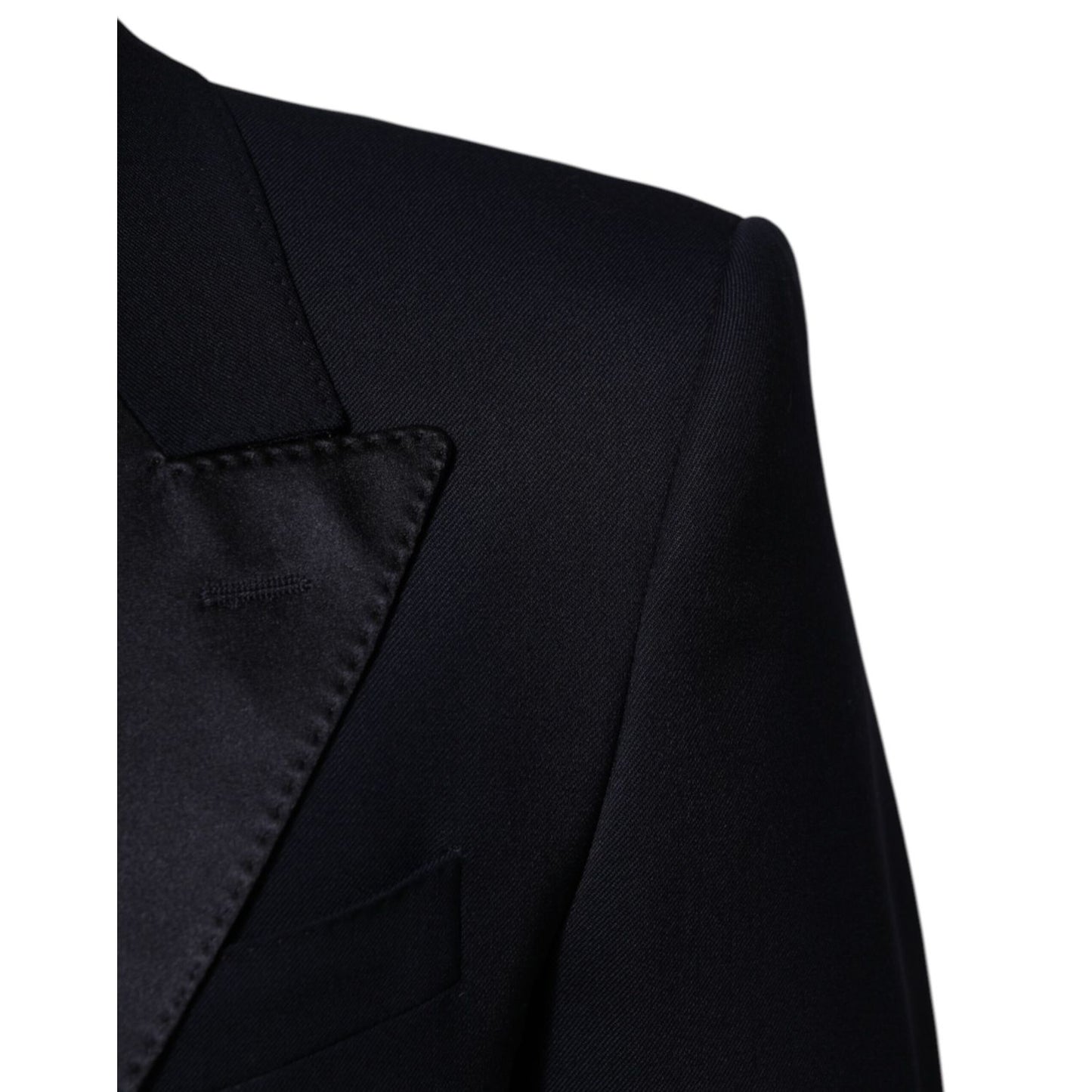 Dolce & Gabbana Black Wool 3 Piece Slim Fit Formal Men Suit detail showing satin lapel
