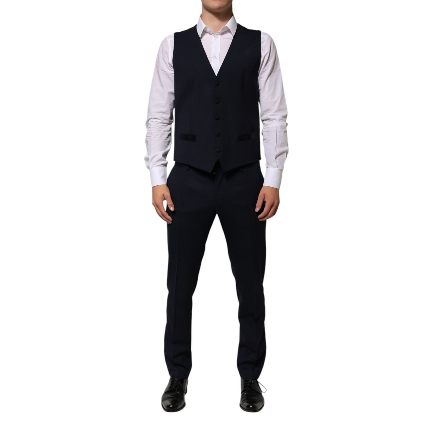 Dolce & Gabbana Black Wool 3 Piece Slim Fit Formal Men Suit with vest and trousers displayed.