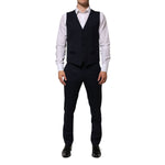 Dolce & Gabbana Black Wool 3 Piece Slim Fit Formal Men Suit with vest and trousers displayed.