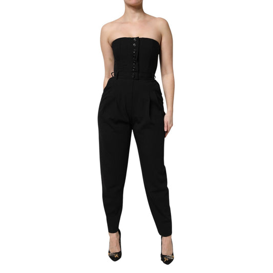 Dolce & Gabbana Black Wool Strapless Romper Jumpsuit Dress with button details, modeled by a woman, showcasing elegant high fashion style.