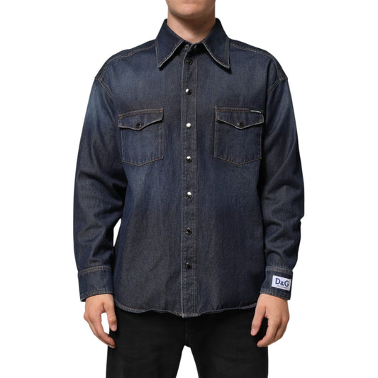 Dolce & Gabbana Blue Denim Button Casual Logo Patch Men Shirt with chest pockets, front view