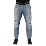 Dolce & Gabbana Blue Distressed Ripped Denim Trouser Jeans with modern streetwear edge and logo plaque, front view