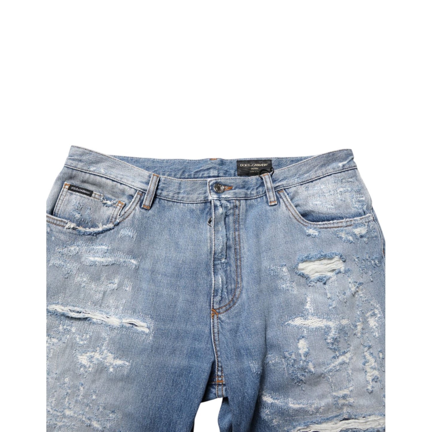 Dolce & Gabbana Blue Distressed Ripped Denim Trouser Jeans with heavy distressing and ripped details, featuring the brand logo plaque.