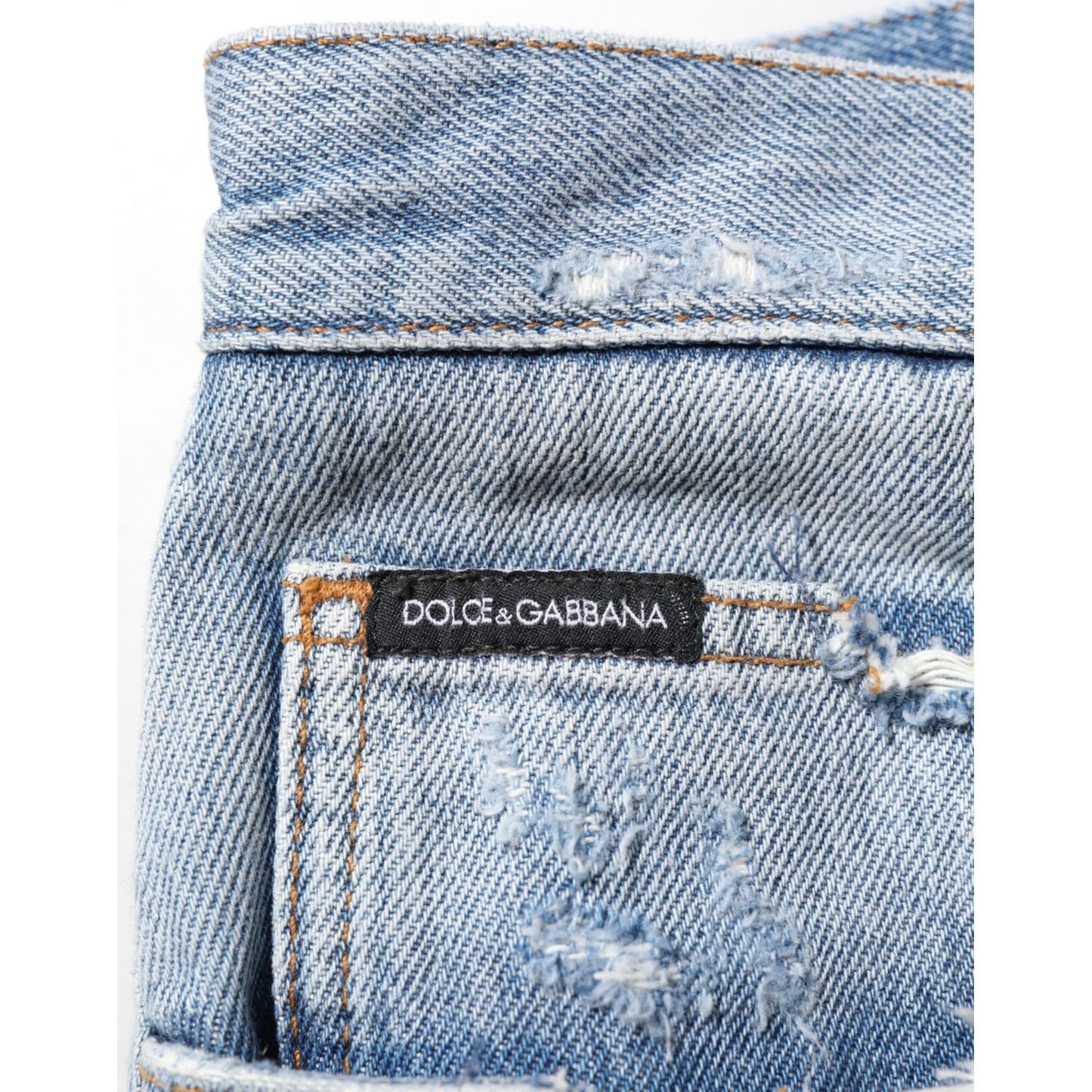 Dolce & Gabbana Blue Distressed Ripped Denim Trouser Jeans with logo plaque detail