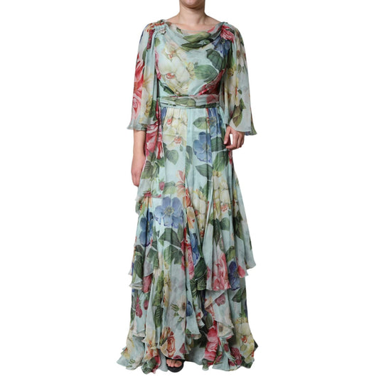 Dolce & Gabbana Blue Floral Print Tiered Long Maxi Dress displaying feminine charm and elegance, perfect for special occasions.