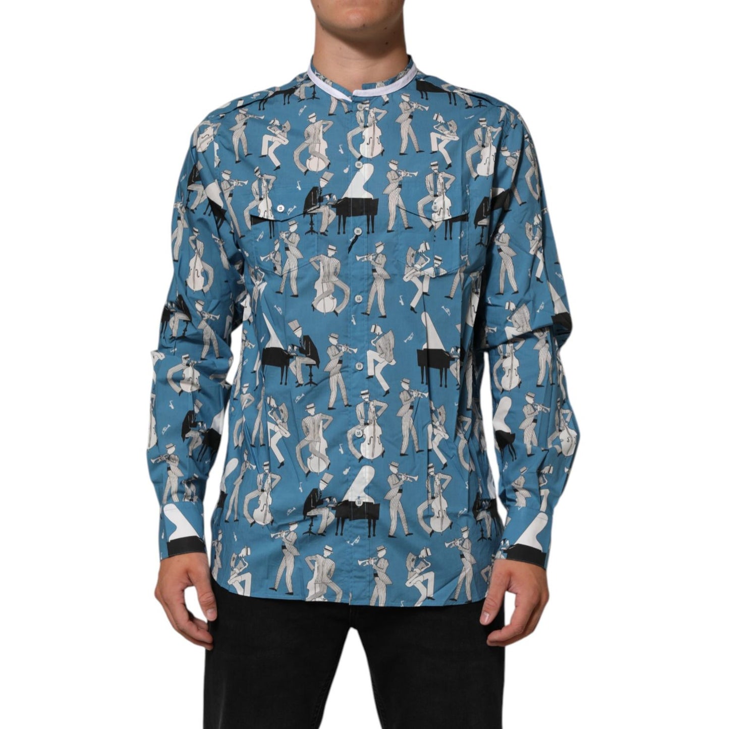 Dolce & Gabbana Blue Jazz Printed Cotton Button Front Shirt with long sleeves, showcasing artistic jazz-inspired design.