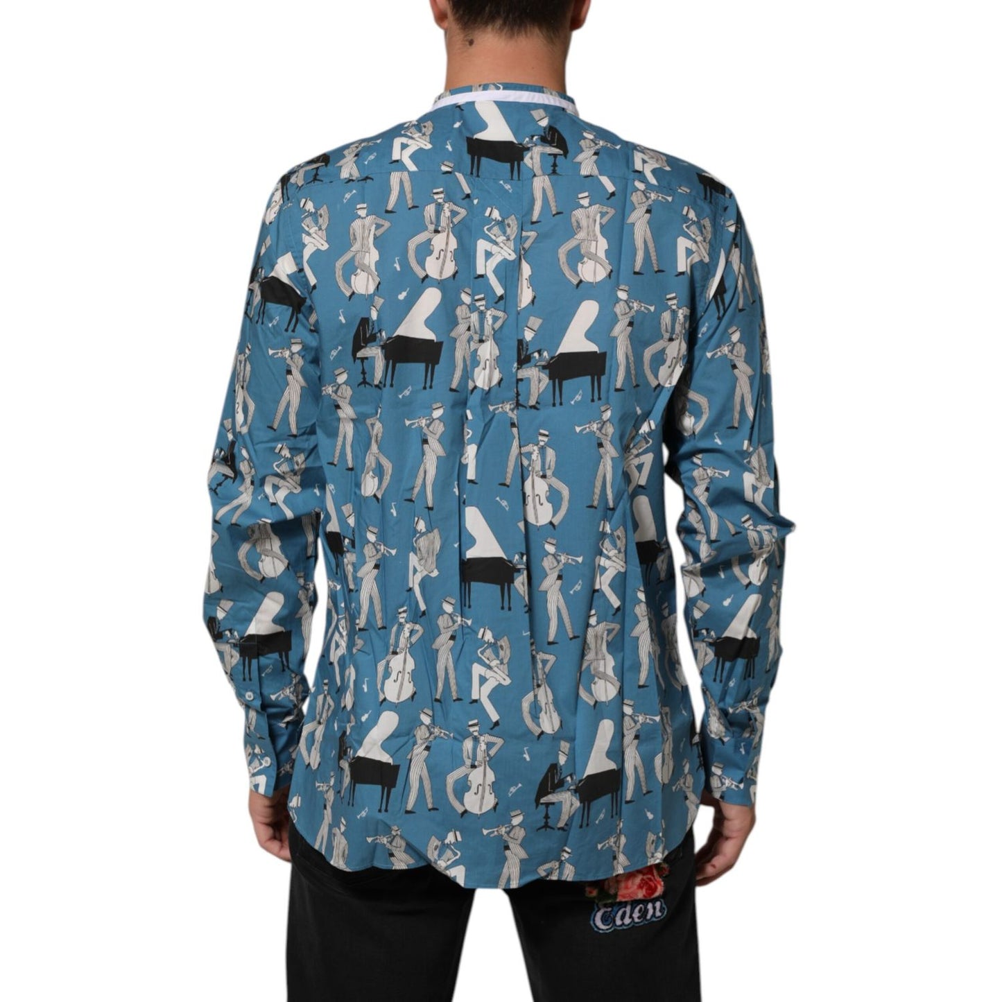 Dolce & Gabbana Blue Jazz Printed Cotton Button Front Shirt featuring jazz musicians, rear view of stylish long sleeve design.