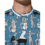 Close-up of Dolce & Gabbana Blue Jazz Printed Cotton Button Front Shirt with musical note and musician design.