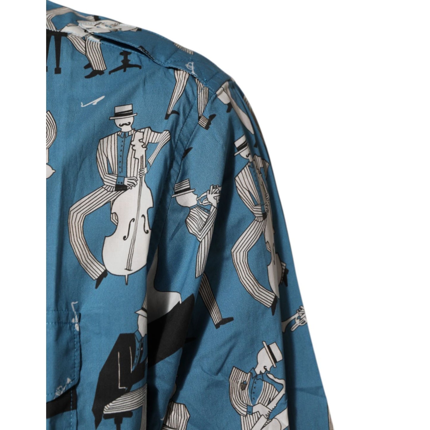 Dolce & Gabbana Blue Jazz Printed Cotton Button Front Shirt with artistic jazz-inspired design close-up view.