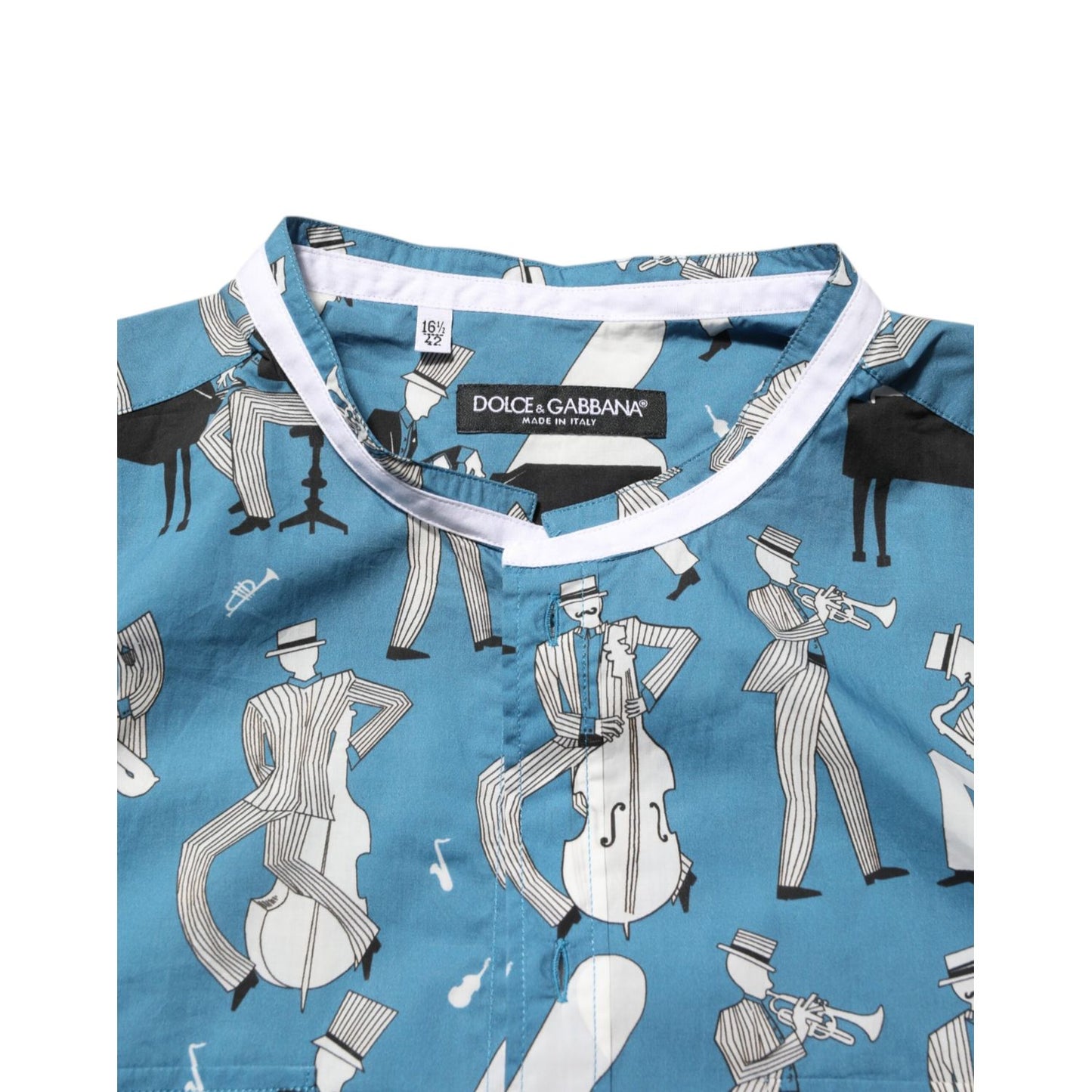 Dolce & Gabbana Blue Jazz Printed Cotton Button Front Shirt with musical instrument pattern on collar detail