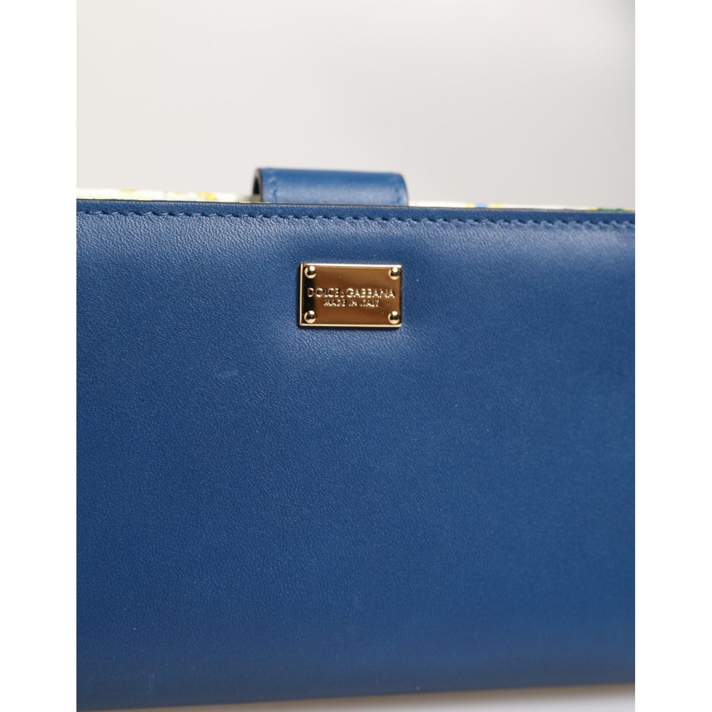 Dolce & Gabbana Blue Leather Continental Tile Print Zip Card Holder Purse Wallet with gold metal logo detail