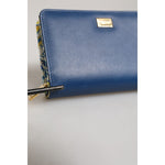 Dolce & Gabbana Blue Leather Continental Tile Print Zip Card Holder Purse Wallet with gold metal details.