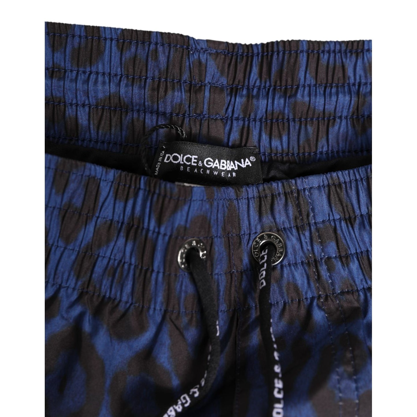 Dolce & Gabbana Blue Leopard Print Polyester Elastic Waistband Swimwear close-up with drawstring and logo plaque