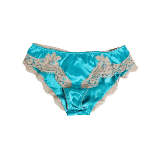 Dolce & Gabbana Blue Silk Satin Floral Lace Trim New Slip Underwear made in Italy, luxurious silk lingerie with delicate lace detail.