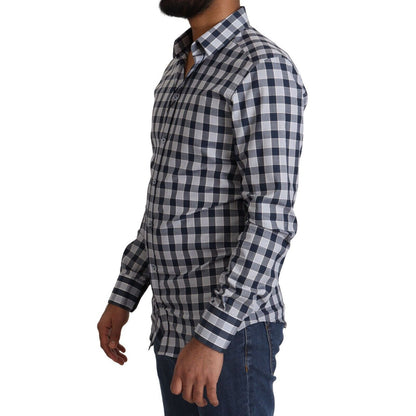 Dolce & Gabbana Blue White Check Cotton Slim Fit GOLD Shirt