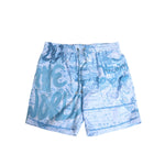 Dolce & Gabbana Blue World Map Polyester Elastic Waistband Swimwear with graffiti details and drawstring.