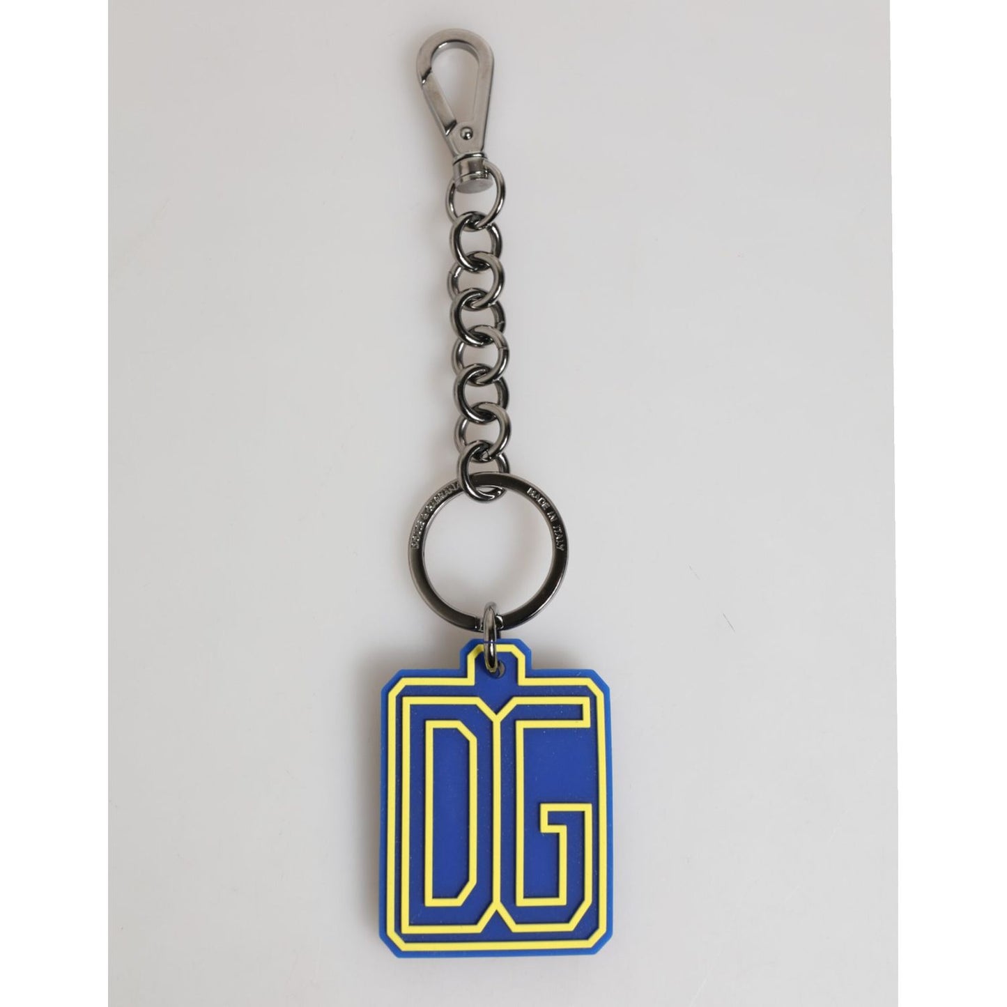 Dolce & Gabbana Blue Yellow DG Rubber Logo Silver Men Keychain Keyring with sleek silver hardware for modern men.