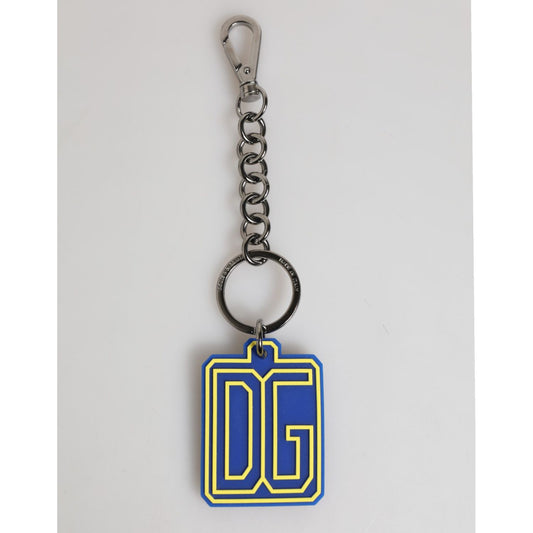 Dolce & Gabbana Blue Yellow DG Rubber Logo Silver Men Keychain Keyring with sleek silver hardware for modern men.