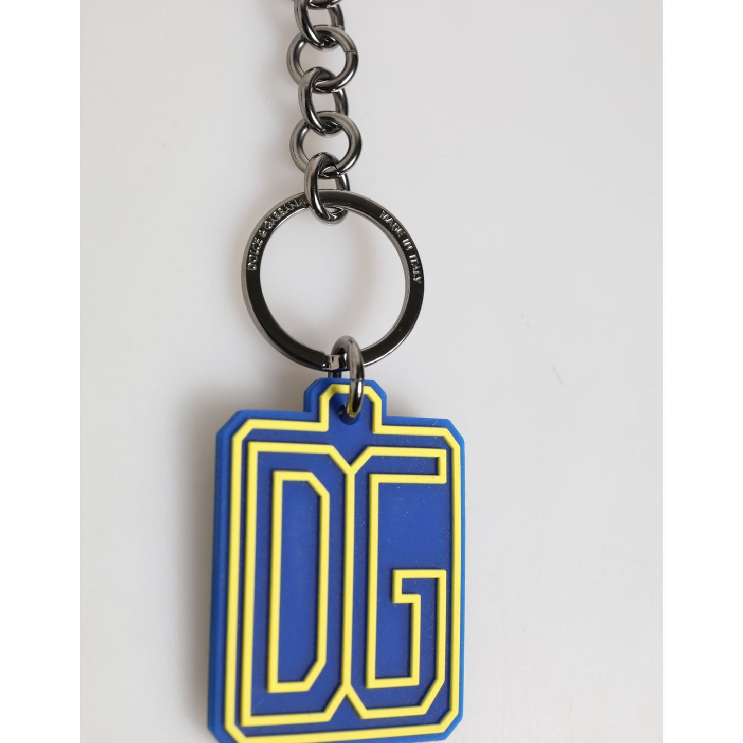 Dolce & Gabbana Blue Yellow DG Rubber Logo Silver Men Keychain Keyring with sleek design and vibrant colors.