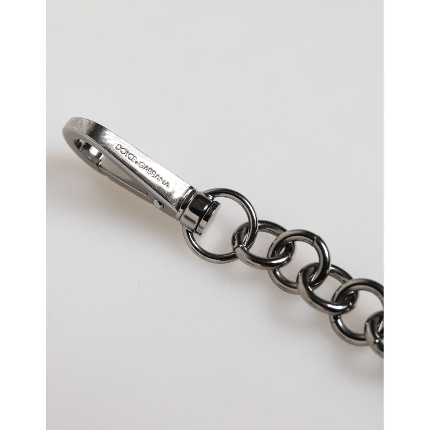 Dolce & Gabbana Blue Yellow DG Rubber Logo Silver Men Keychain Keyring with sleek silver chain detail close-up.