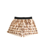 Dolce & Gabbana Brown Ancient Coin Print Silk Shorts Swimwear, beige with brown coin design, elastic waistband, men's luxury beachwear.