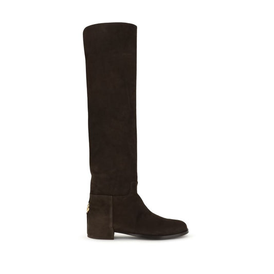 Dolce & Gabbana Brown Calf Leather Bos Taurus Ankle Boots with gold logo and knee-high shaft