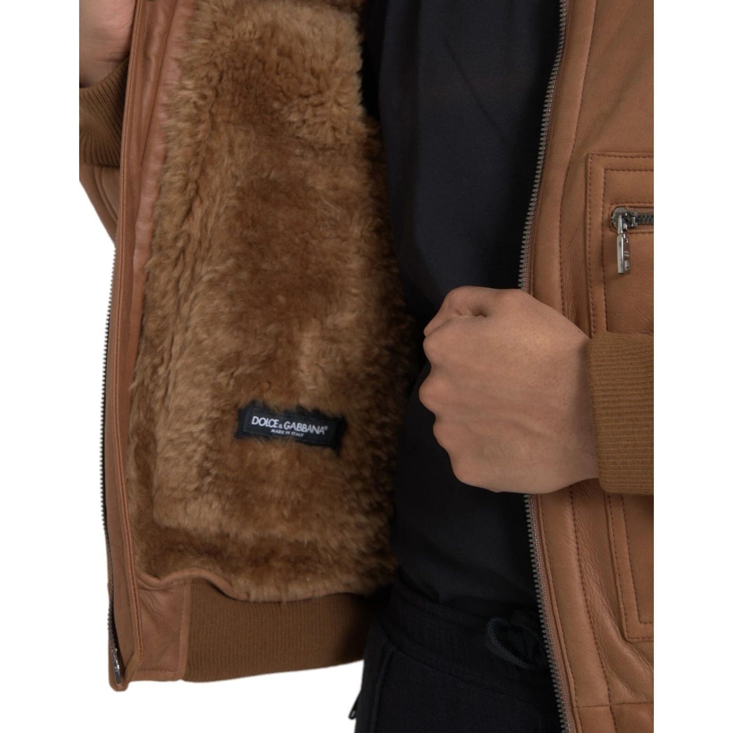 Dolce & Gabbana Brown Leather Fur Button Biker Coat Jacket
