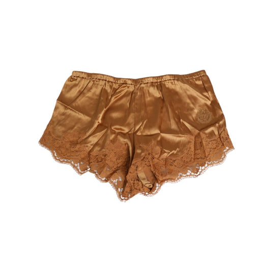 Dolce & Gabbana Brown Silk Satin Floral Lace Shorts Underwear, luxurious design with lace trim and soft waistband.